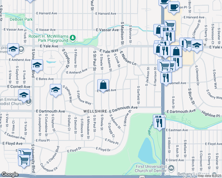 map of restaurants, bars, coffee shops, grocery stores, and more near 2991 South Cook Street in Denver