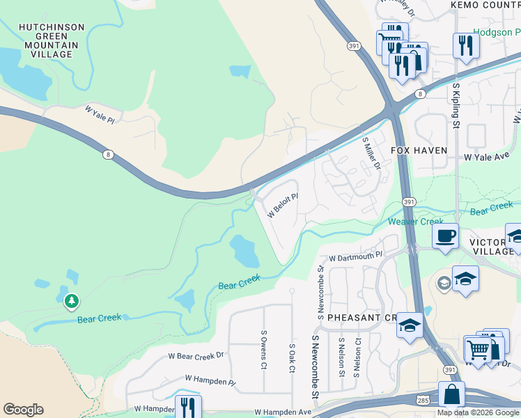 map of restaurants, bars, coffee shops, grocery stores, and more near 2831 South Newcombe Way in Lakewood