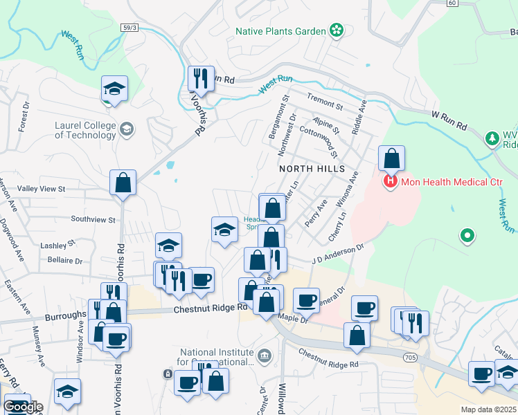 map of restaurants, bars, coffee shops, grocery stores, and more near 1332 Pineview Drive in Morgantown
