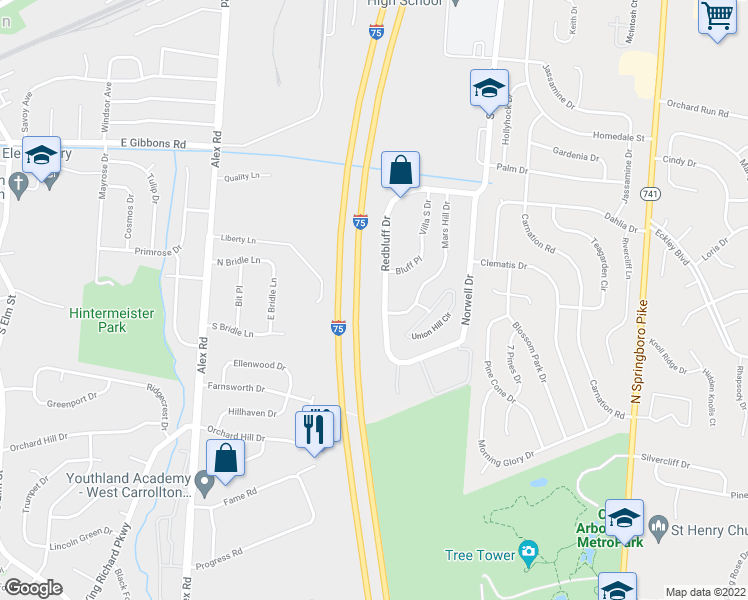 map of restaurants, bars, coffee shops, grocery stores, and more near 1171 Redbluff Drive in Dayton