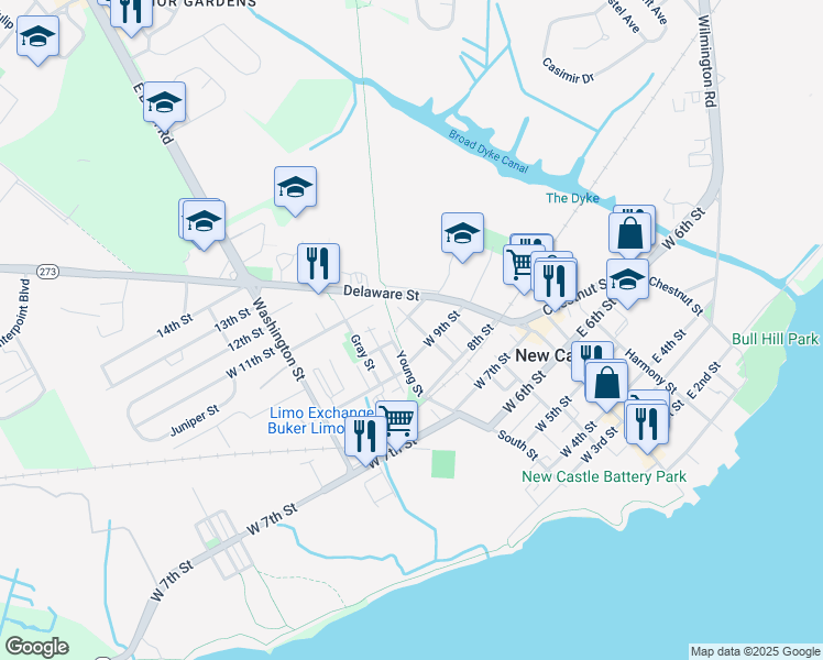 map of restaurants, bars, coffee shops, grocery stores, and more near 920 Clayton Street in New Castle