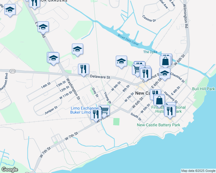 map of restaurants, bars, coffee shops, grocery stores, and more near 920 Clayton Street in New Castle