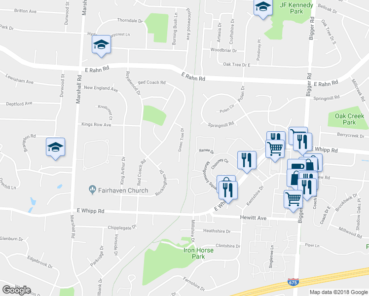 map of restaurants, bars, coffee shops, grocery stores, and more near 1125 Greentree Drive in Dayton