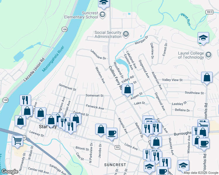 map of restaurants, bars, coffee shops, grocery stores, and more near 1436 Western Avenue in Morgantown