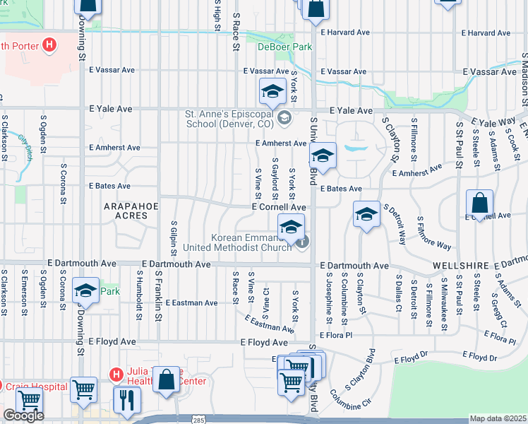 map of restaurants, bars, coffee shops, grocery stores, and more near 3005 South Gaylord Street in Denver