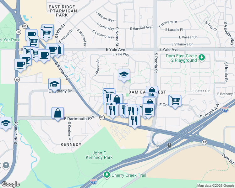 map of restaurants, bars, coffee shops, grocery stores, and more near 11595 East Cornell Circle in Aurora