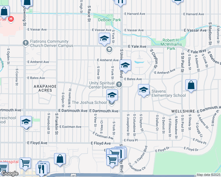 map of restaurants, bars, coffee shops, grocery stores, and more near 3004 Claude Court in Denver