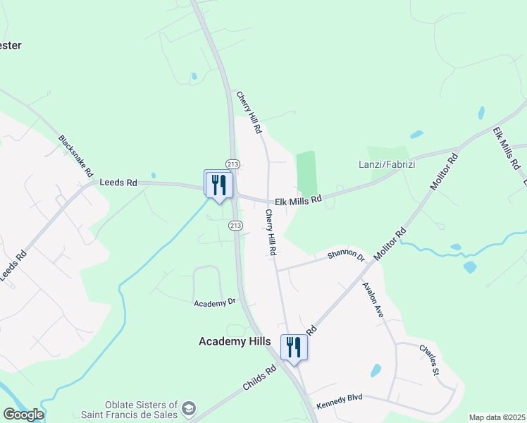 map of restaurants, bars, coffee shops, grocery stores, and more near 251A Cherry Hill Road in Elkton
