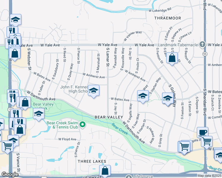 map of restaurants, bars, coffee shops, grocery stores, and more near 2856 South Lamar Street in Denver