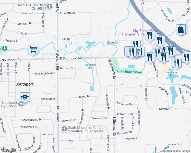 map of restaurants, bars, coffee shops, grocery stores, and more near 7120 Hearthstone Way in Indianapolis