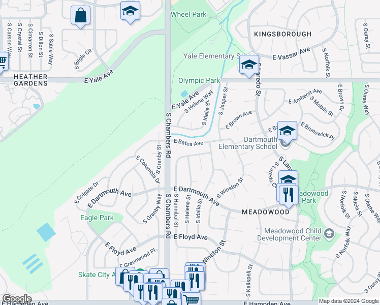 map of restaurants, bars, coffee shops, grocery stores, and more near 15459 East Cornell Avenue in Aurora