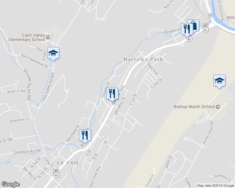 map of restaurants, bars, coffee shops, grocery stores, and more near 337 National Highway in La Vale