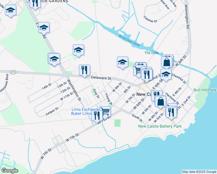 map of restaurants, bars, coffee shops, grocery stores, and more near 922 Clayton Street in New Castle