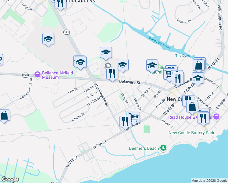 map of restaurants, bars, coffee shops, grocery stores, and more near 618 West 11th Street in New Castle