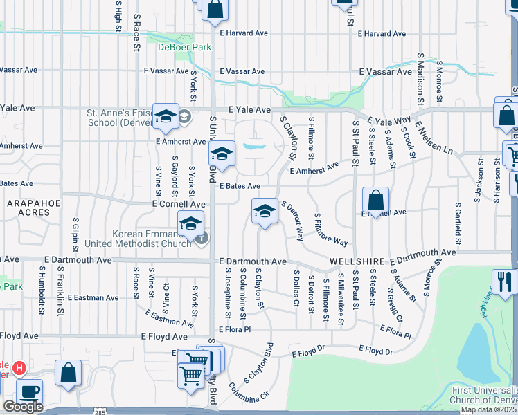 map of restaurants, bars, coffee shops, grocery stores, and more near 2994 South Columbine Street in Denver