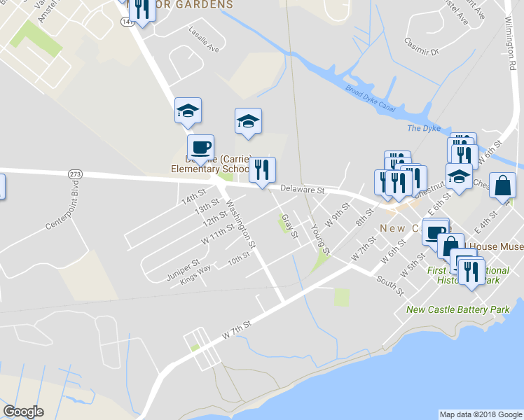 map of restaurants, bars, coffee shops, grocery stores, and more near 618 West 11th Street in New Castle