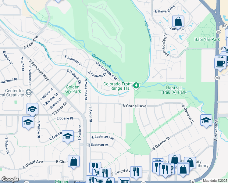 map of restaurants, bars, coffee shops, grocery stores, and more near 9200 East Cherry Creek South Drive in Denver