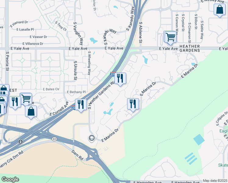 map of restaurants, bars, coffee shops, grocery stores, and more near 13635 East Bates Avenue in Aurora