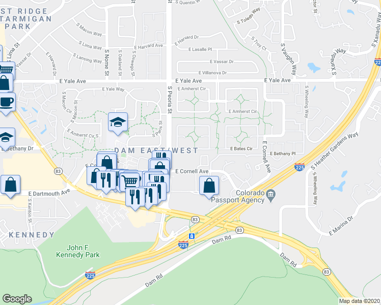map of restaurants, bars, coffee shops, grocery stores, and more near 12266 East Bates Circle in Aurora