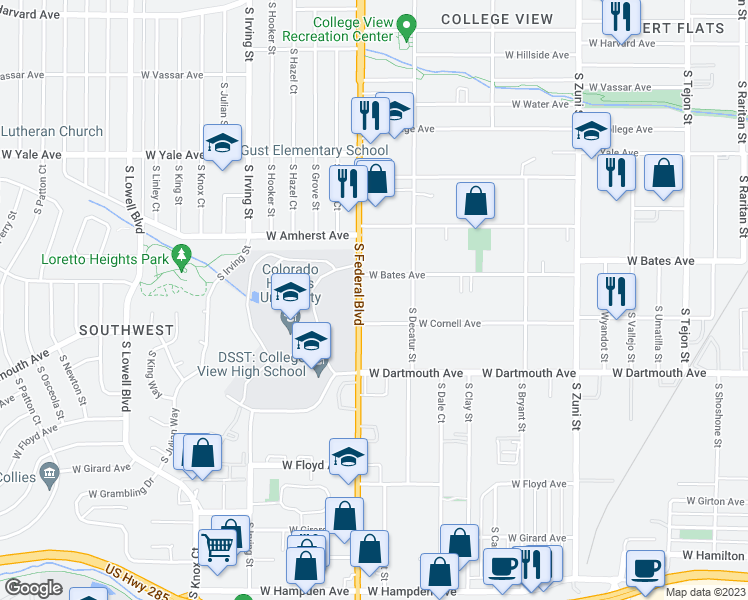 map of restaurants, bars, coffee shops, grocery stores, and more near 2940 South Federal Boulevard in Denver