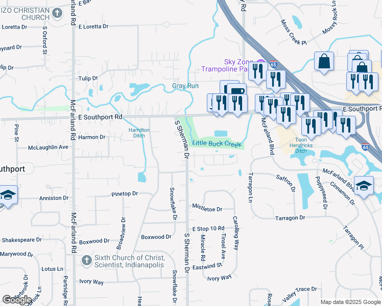 map of restaurants, bars, coffee shops, grocery stores, and more near 7115 South Sherman Drive in Indianapolis