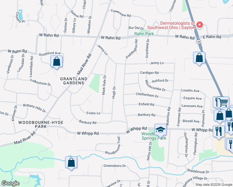 map of restaurants, bars, coffee shops, grocery stores, and more near 5602 Hugh Drive in Dayton