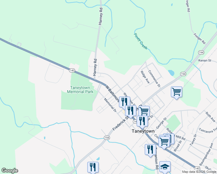 map of restaurants, bars, coffee shops, grocery stores, and more near 132 West Baltimore Street in Taneytown