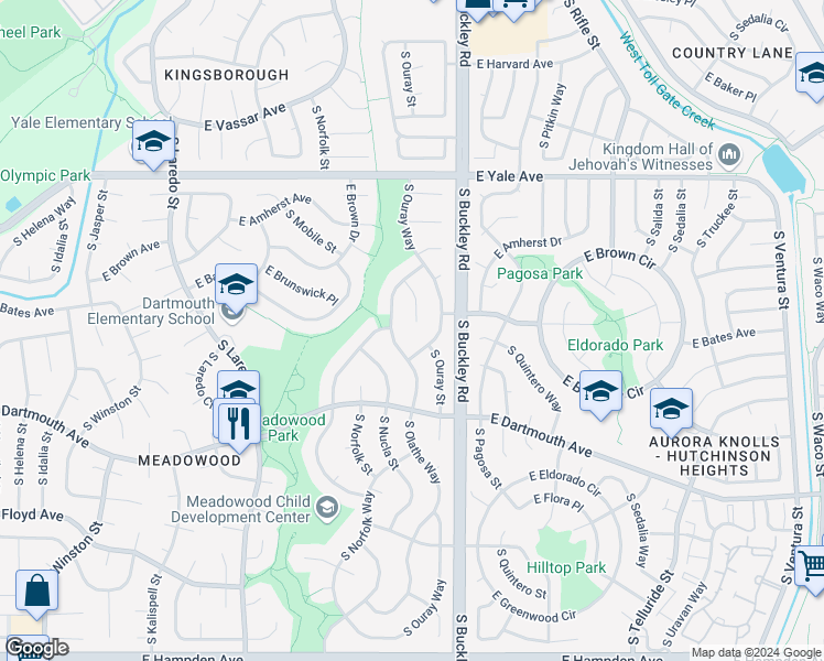 map of restaurants, bars, coffee shops, grocery stores, and more near 2895 South Olathe Court in Aurora