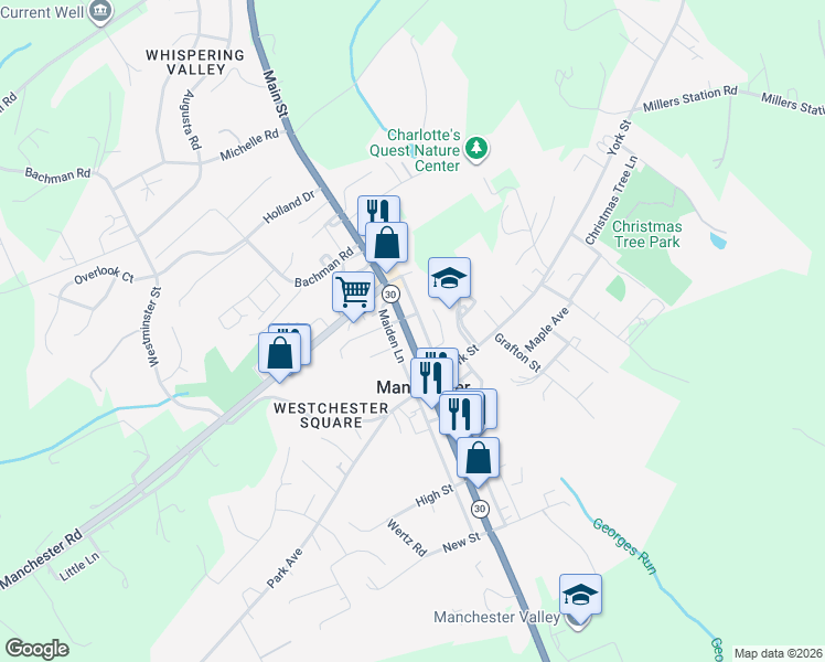 map of restaurants, bars, coffee shops, grocery stores, and more near 3239 Main Street in Manchester