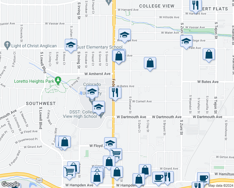 map of restaurants, bars, coffee shops, grocery stores, and more near 2940 South Federal Boulevard in Denver