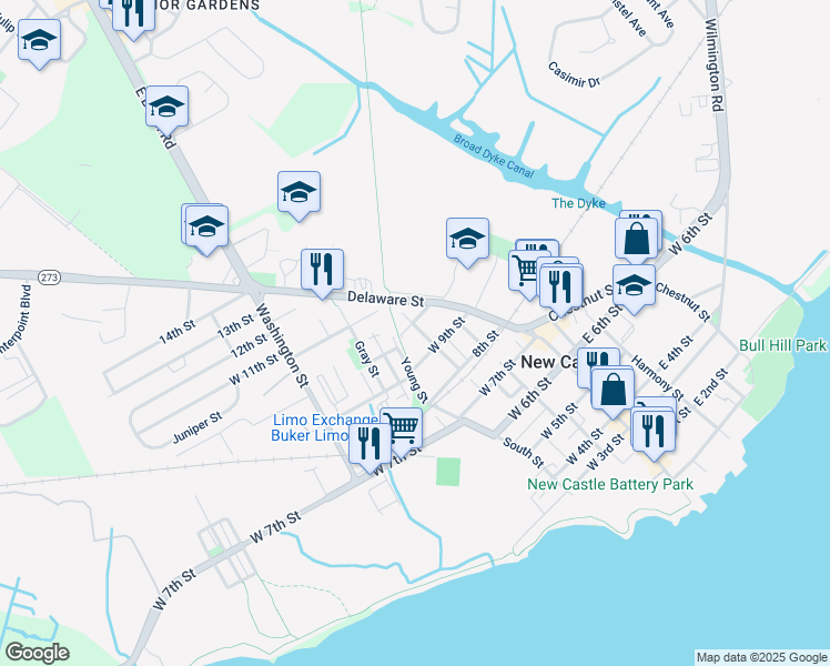 map of restaurants, bars, coffee shops, grocery stores, and more near 922 Clayton Street in New Castle