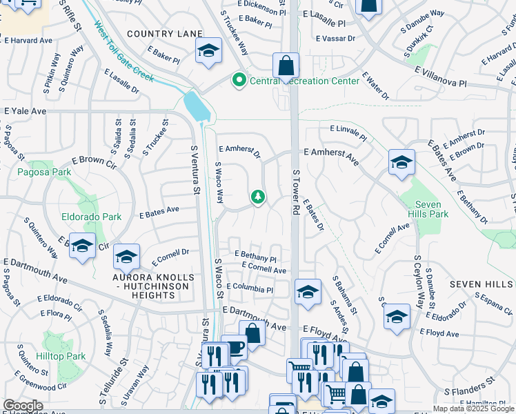 map of restaurants, bars, coffee shops, grocery stores, and more near 2851 South Waco Way in Aurora