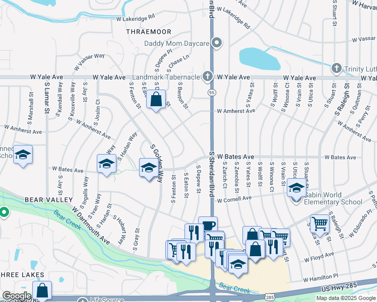 map of restaurants, bars, coffee shops, grocery stores, and more near 2840 South Eaton Way in Denver