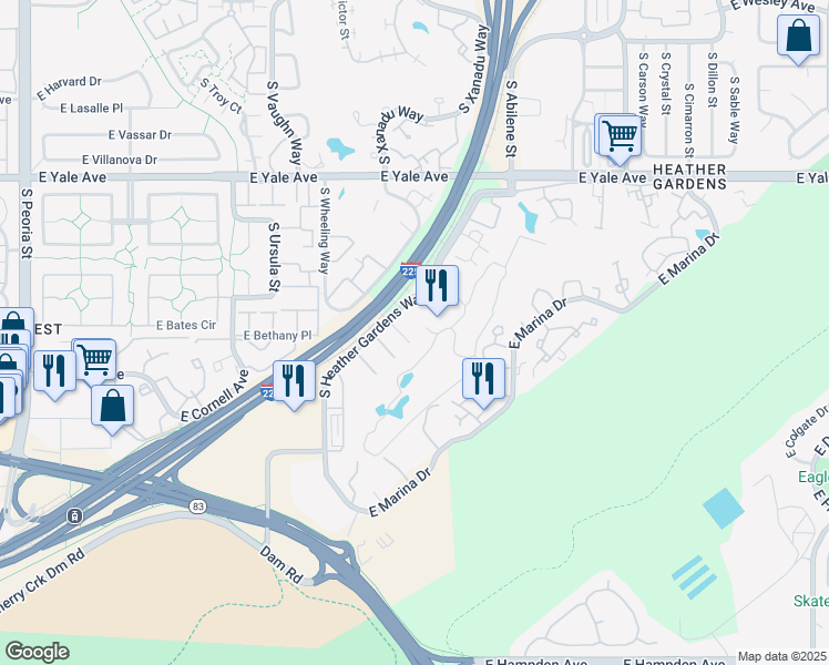 map of restaurants, bars, coffee shops, grocery stores, and more near 13635 East Bates Avenue in Aurora
