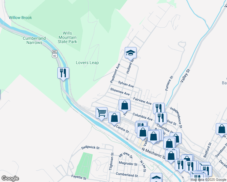 map of restaurants, bars, coffee shops, grocery stores, and more near 822 Shawnee Avenue in Cumberland