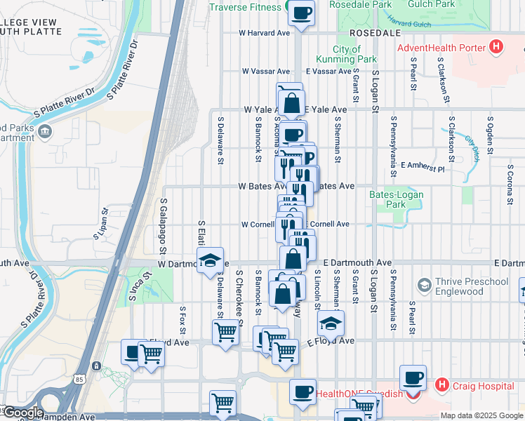 map of restaurants, bars, coffee shops, grocery stores, and more near 2960 South Bannock Street in Englewood