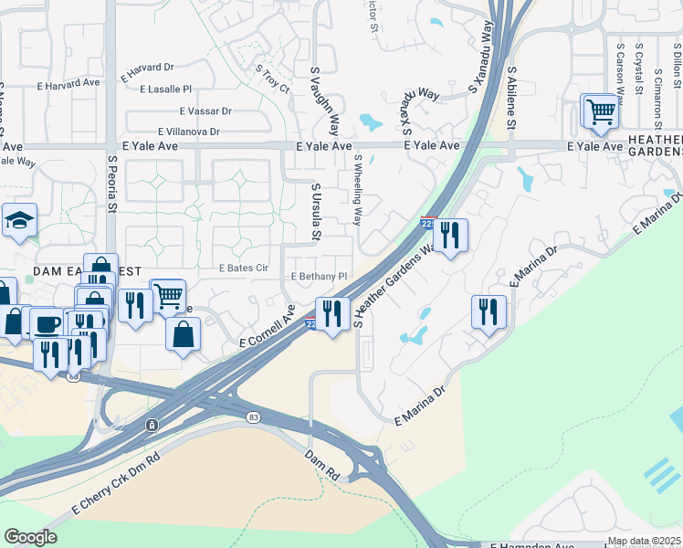 map of restaurants, bars, coffee shops, grocery stores, and more near 13255 East Bethany Place in Aurora