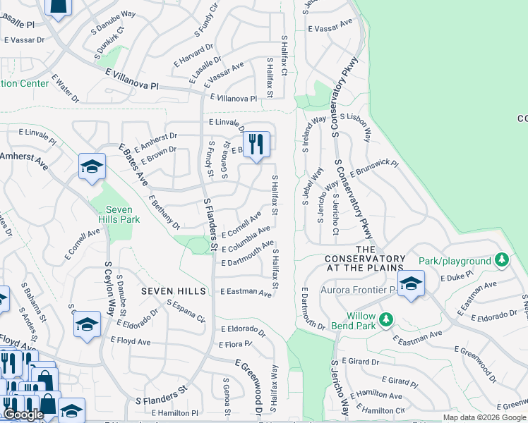 map of restaurants, bars, coffee shops, grocery stores, and more near 19930 East Cornell Avenue in Aurora
