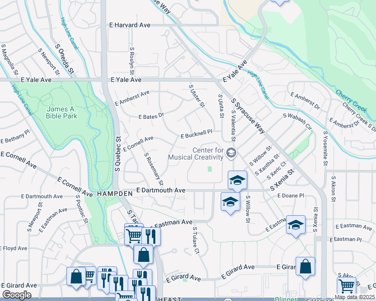 map of restaurants, bars, coffee shops, grocery stores, and more near 7850 East Cornell Avenue in Denver