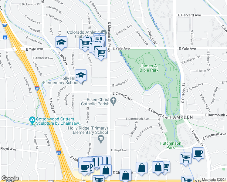 map of restaurants, bars, coffee shops, grocery stores, and more near 6531 East Cornell Avenue in Denver