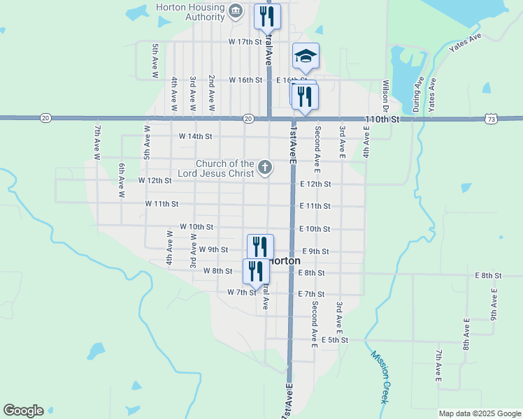 map of restaurants, bars, coffee shops, grocery stores, and more near 1001-1099 Central Avenue in Horton
