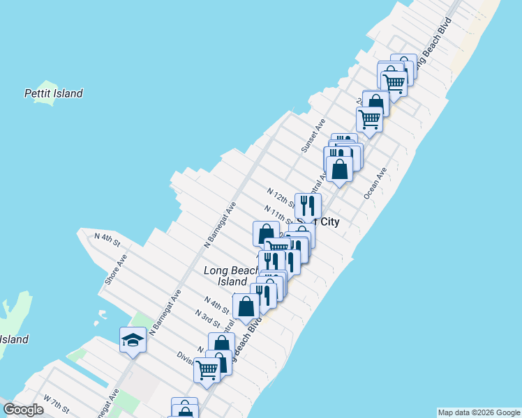 map of restaurants, bars, coffee shops, grocery stores, and more near 256 North 11th Street in Surf City