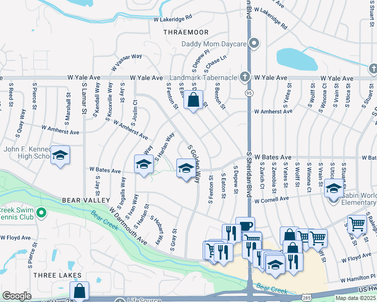 map of restaurants, bars, coffee shops, grocery stores, and more near 2851 South Golden Way in Denver