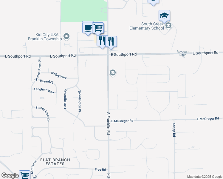 map of restaurants, bars, coffee shops, grocery stores, and more near 7237 South Franklin Road in Indianapolis