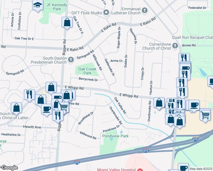 map of restaurants, bars, coffee shops, grocery stores, and more near 5413 Millcreek Road in Dayton