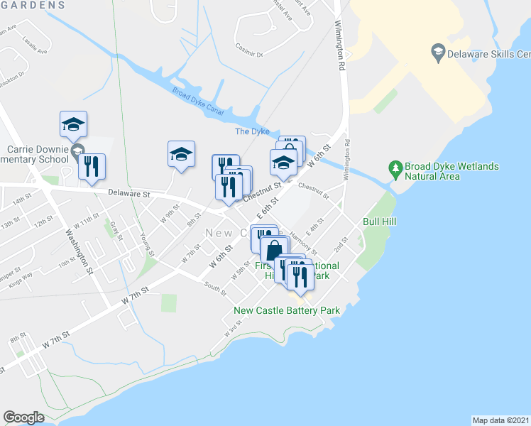 map of restaurants, bars, coffee shops, grocery stores, and more near 37 Delaware 9 in New Castle