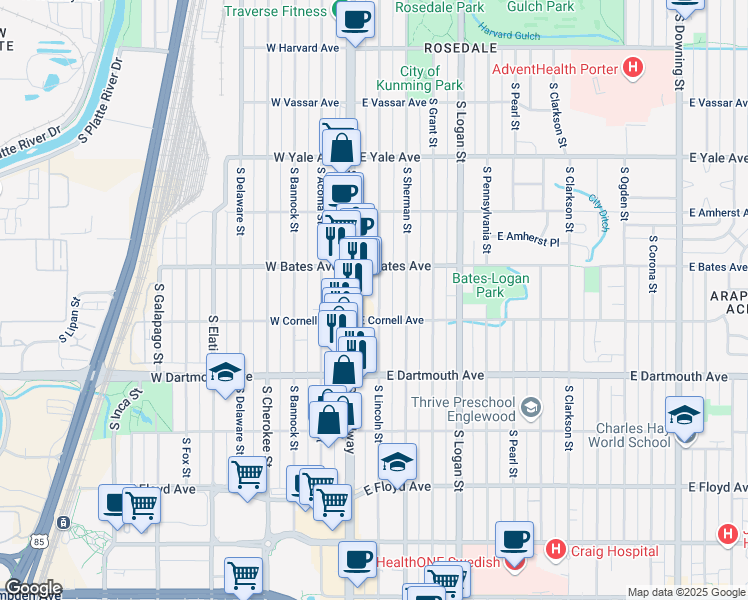 map of restaurants, bars, coffee shops, grocery stores, and more near 2961 South Lincoln Street in Englewood