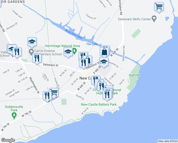 map of restaurants, bars, coffee shops, grocery stores, and more near 623 Cherry Street in New Castle