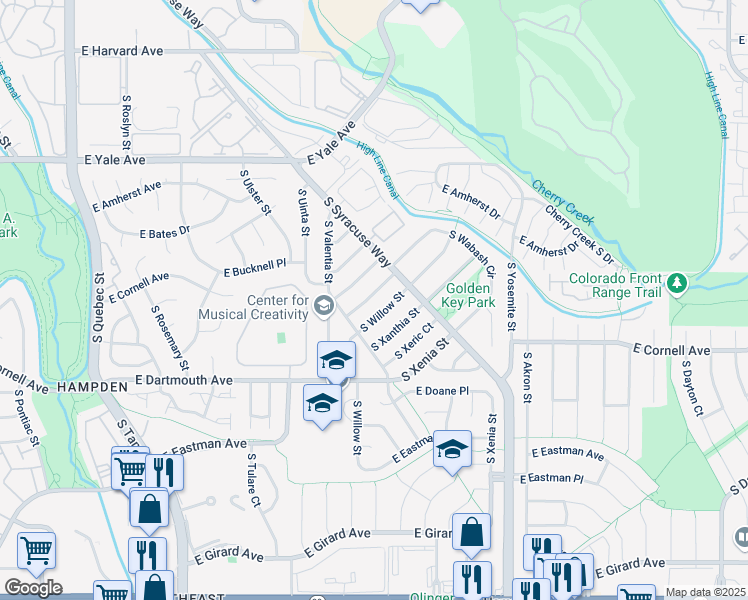 map of restaurants, bars, coffee shops, grocery stores, and more near 2972 South Wabash Street in Denver