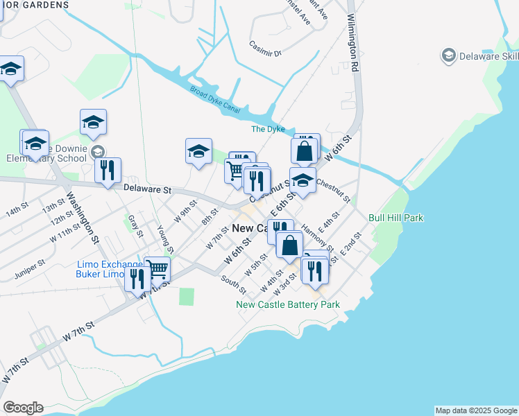 map of restaurants, bars, coffee shops, grocery stores, and more near 623 Cherry Street in New Castle
